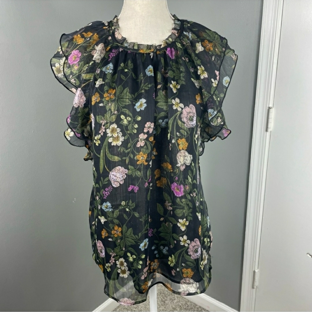 Loft Floral Ruffle Blouse with Gold Threading Size M